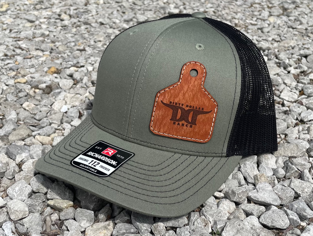 H2521LB - Loden / Black Mesh DDR Leather Ear Tag Patch Snap Back Hat