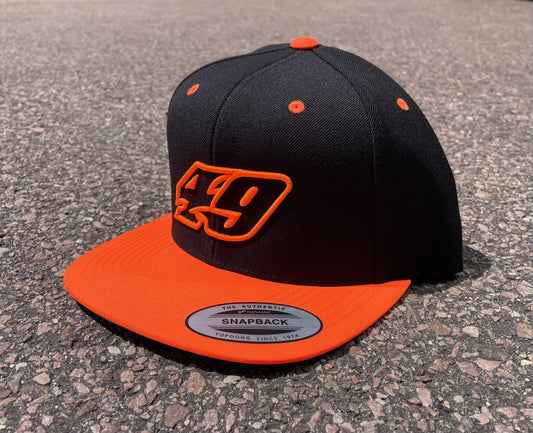 H2525BNO - Black / Neon Orange Flat Bill #49 Snap Back Hat