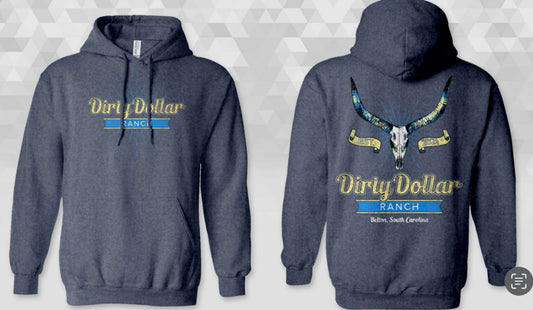 HS2516HN - Heather Navy "DDR Skull Sunburst" Hooded Sweatshirt