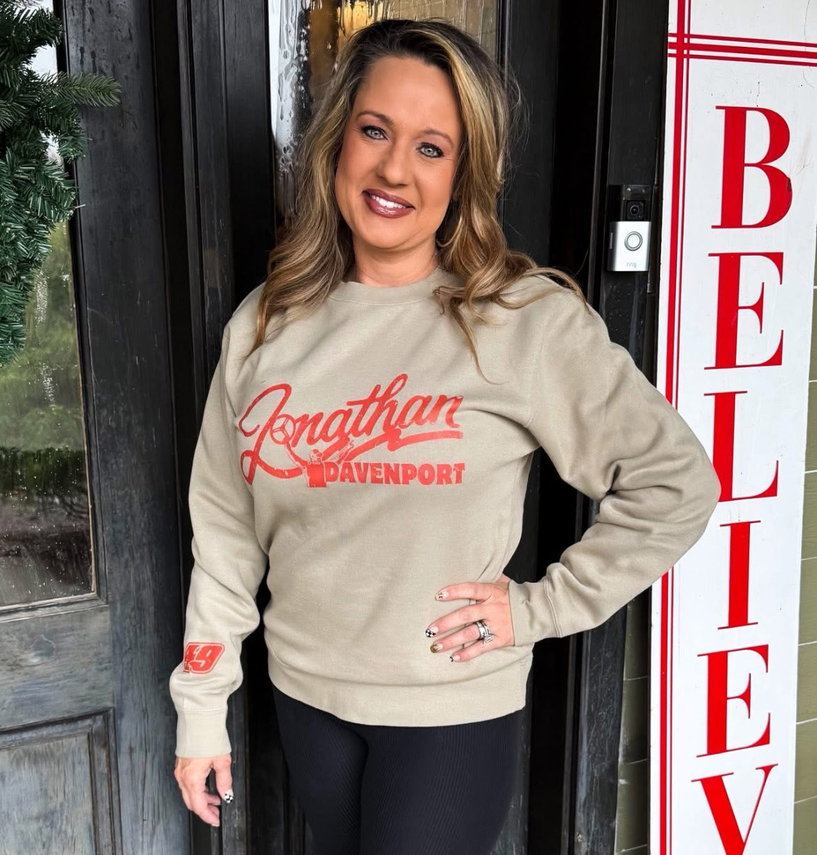 CN2504S - Sand "Jonathan Davenport Sleeve Print" Ladies Crewneck Sweatshirt