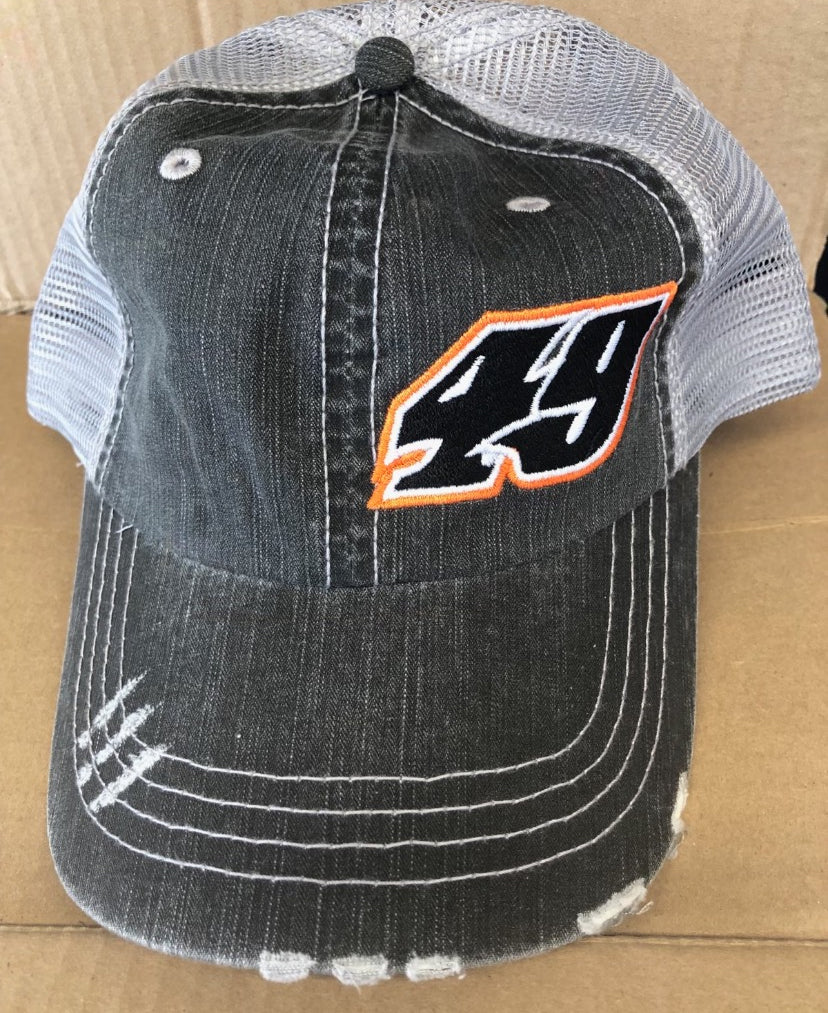H2220BG - Black / Gray Mesh w/ #49 Orange Outline Distressed Trucker Hat