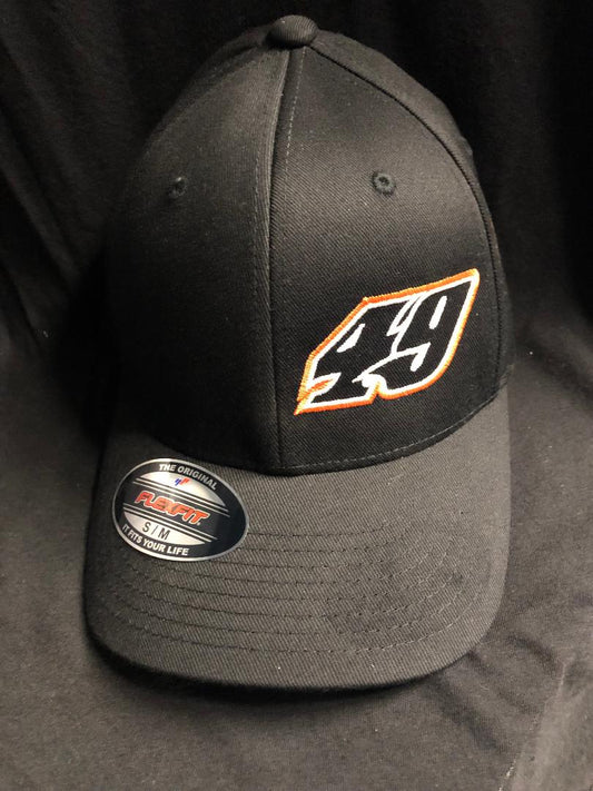H2322B - Black #49 w/ Orange Outline Flexfit Fitted Hat