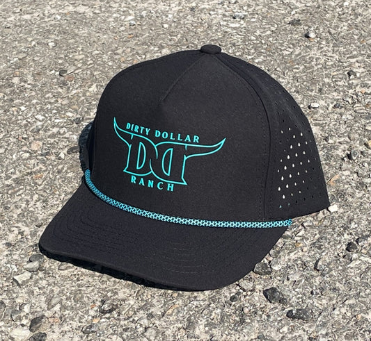 H2522B - Black Dirty Dollar Ranch Teal Logo Snap Back Rope Hat