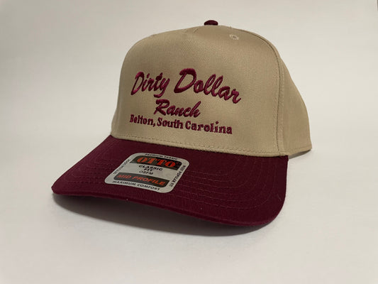 H2422KM - Khaki / Maroon Dirty Dollar Ranch Old Skool Snap Back Hat