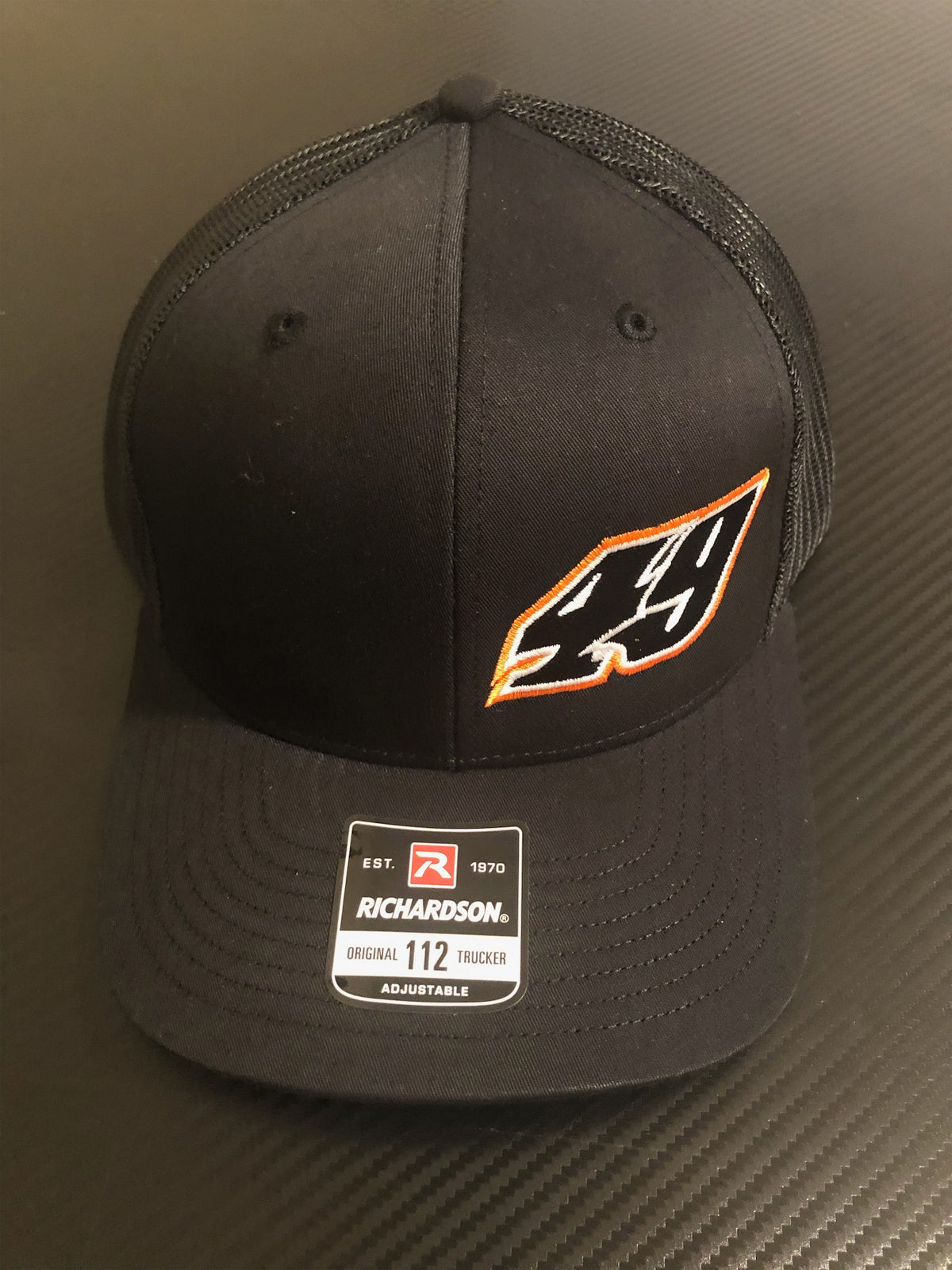 H2301BB - Black / Black Mesh w/ #49 Orange Outline Snap Back Hat