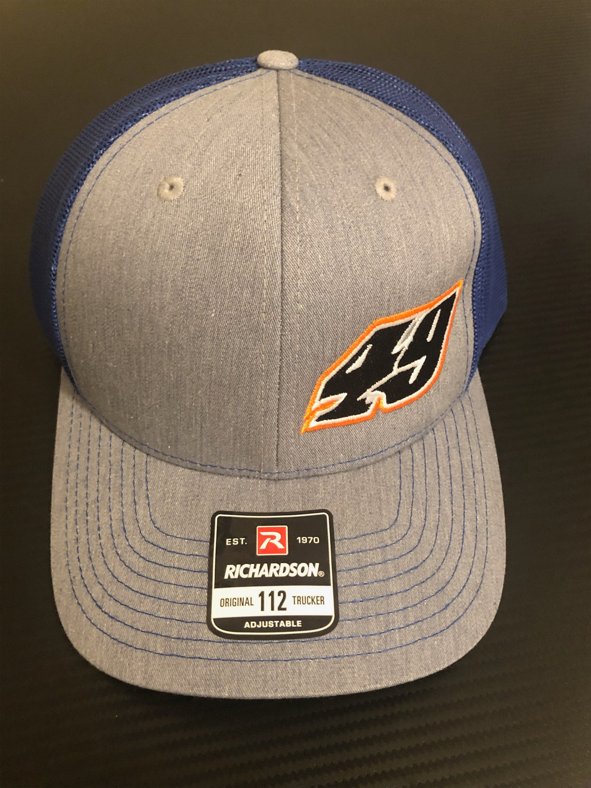 H2302GBL - Gray / Blue Mesh w/ #49 Orange Outline Snap Back Hat