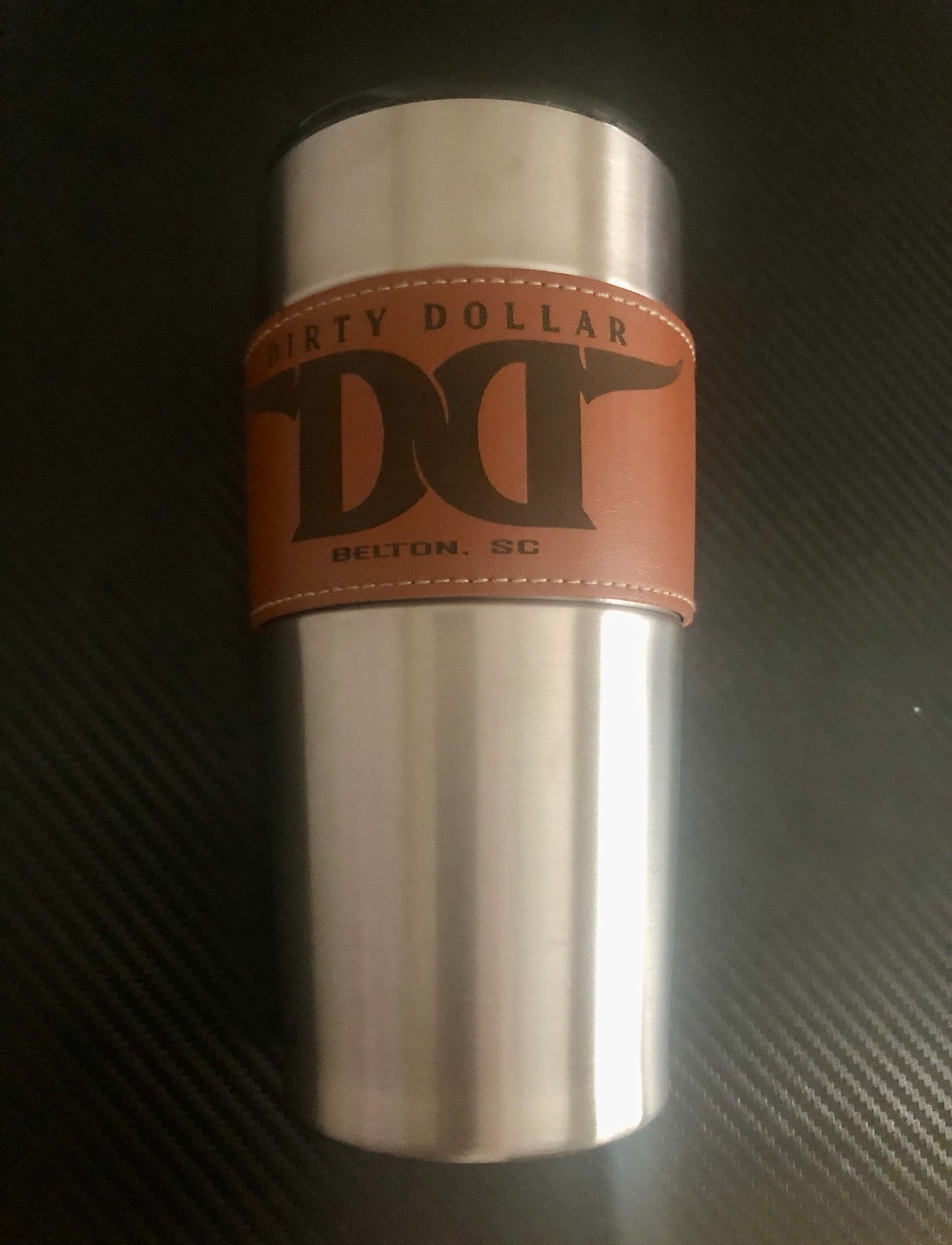 M2306 - 20 oz. Slim Thermal Cup with Dirty Dollar Logo on Leather Sleeve